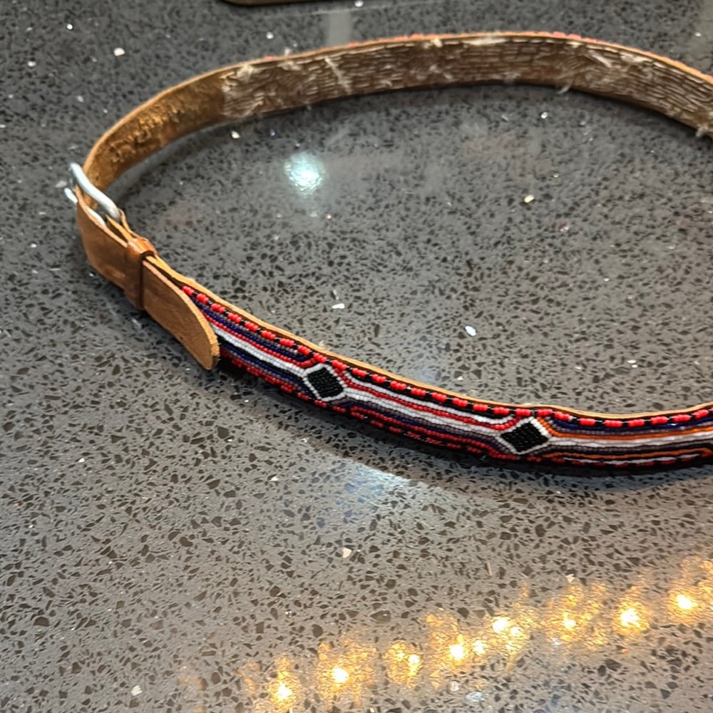 Beaded Leather Belt with Red and Black Pattern